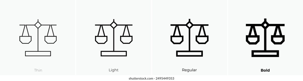 icono de escala de justicia. Diseño de estilo fino, ligero, regular y audaz aislado sobre fondo blanco