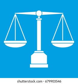 Justice scale icon white isolated on blue background vector illustration
