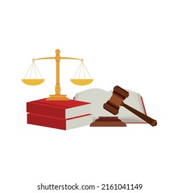 Justice scale, judge's hammer, law book, concept of court judgment to demand justice and punishment.