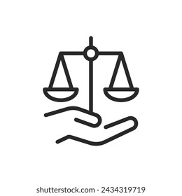 Justice Scale on Hand Icon, Symbol of Law and Fairness, Legal Balance Vector. Thin Line Sign of Democracy, Rights, and Judicial Equality