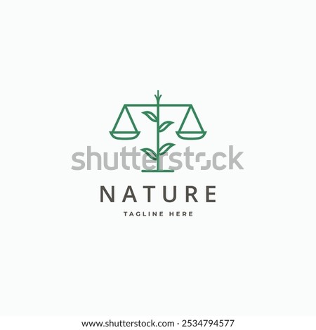 Justice scale with plant leaf nature law logo vector icon simple lines vector illustration.