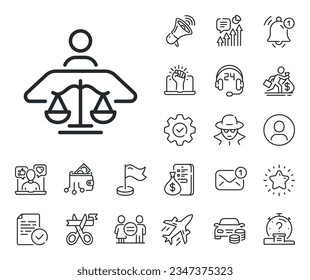 Justice scale sign. Salaryman, gender equality and alert bell outline icons. Court judge line icon. Judgement law symbol. Court judge line sign. Spy or profile placeholder icon. Vector