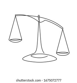 Justice Scales Continuous One Line Drawing. Weight Balance Symbol Outline Silhouette. Libra Or Law Identity Concept Simple Vector Illustartion Isolated On White Background. Minimalistic Contour Art