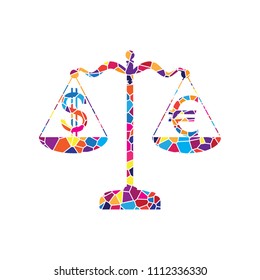 Justice scales with currency exchange sign. Vector. Stained glass icon on white background. Colorful polygons. Isolated.