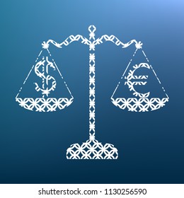 Justice scales with currency exchange sign. Vector. White textured icon at lapis lazuli gradient background.