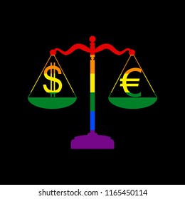 Justice scales with currency exchange sign. Vector. Icon with colors of LGBT flag at black background.