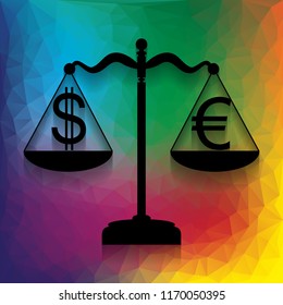 Justice scales with currency exchange sign. Vector. Flat style black icon on white.