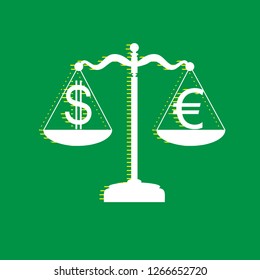 Justice scales with currency exchange sign. Vector. White flat icon with yellow striped shadow at green background.