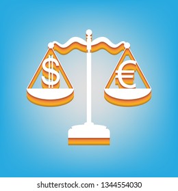 Justice scales with currency exchange sign. Vector. White icon with 3d warm-colored gradient body at sky blue background.