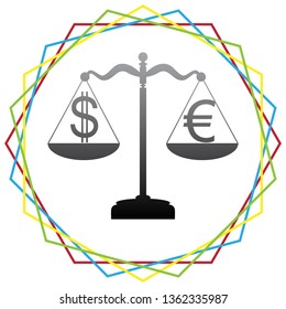 Justice scales with currency exchange sign. Vector. Black icon with patch of light inside colorful hexagonal frames at white background.
