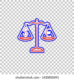 Justice scales with currency exchange sign. Red, white and contour icon at transparent background. Illustration.