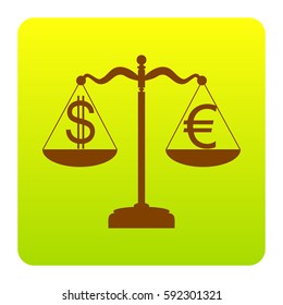 Justice scales with currency exchange sign. Vector. Brown icon at green-yellow gradient square with rounded corners on white background. Isolated.