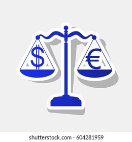 Justice scales with currency exchange sign. Vector. New year bluish icon with outside stroke and gray shadow on light gray background.