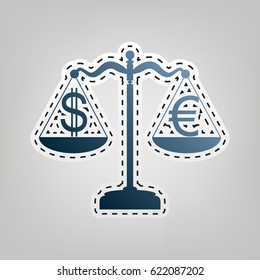 Justice scales with currency exchange sign. Vector. Blue icon with outline for cutting out at gray background.