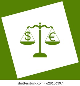 Justice scales with currency exchange sign. Vector. White icon obtained as a result of subtraction rotated square and path. Avocado background.
