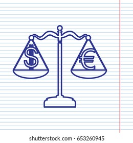 Justice scales with currency exchange sign. Vector. Navy line icon on notebook paper as background with red line for field.