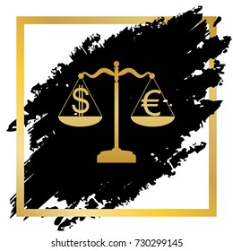 Justice scales with currency exchange sign. Vector. Golden icon at black spot inside golden frame on white background.