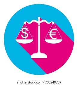 Justice scales with currency exchange sign. Vector. Flat white icon with mexican pink shadow inside sky blue(S and G) circle at white background. Isolated. Trend colors in 2017.