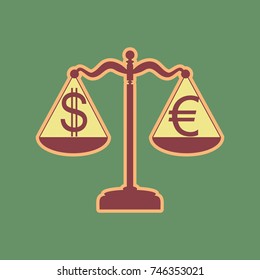 Justice scales with currency exchange sign. Vector. Cordovan icon and mellow apricot halo with light khaki filled space at russian green background.