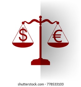 Justice scales with currency exchange sign. Vector. Bordo icon on white bending paper background.