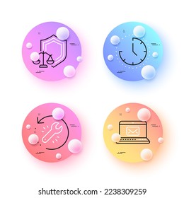 Justice scales, E-mail and Time minimal line icons. 3d spheres or balls buttons. Recovery tool icons. For web, application, printing. Law shield, New message, Clock. Backup info. Vector