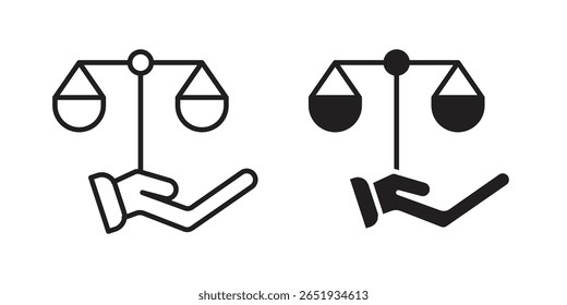 Justice scales in Hand icon. Flat and stroke versions. Graphic elements.