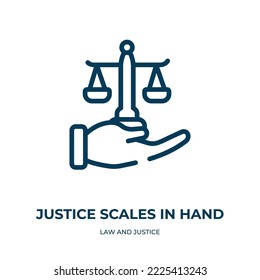 Justice scales in hand icon. Linear vector illustration from law and justice collection. Outline justice scales in hand icon vector. Thin line symbol for use on web and mobile apps, logo, print media.