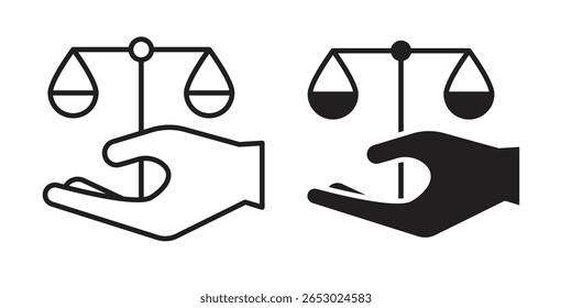 Justice scales in Hand icon symbol set in black. line and flat icons