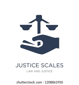 justice scales in Hand icon. Trendy flat vector justice scales in Hand icon on white background from law and justice collection, vector illustration can be use for web and mobile, eps10