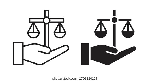 Escalas de la justicia en la colección del Vector del icono de la mano. ilustraciones del Vector del símbolo