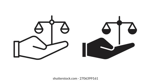 Escalas de justiça na ilustração de vetor de ícone de mão. Design plano. Símbolos de vetor de design gráfico.