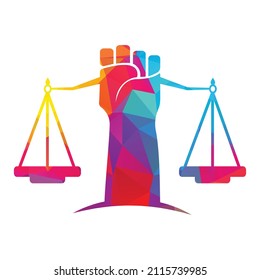 Justice Scales in Hand logo template design. Revolution justice logo concept.