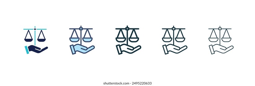 Justice scales in Hand vector icon set black filled and outlined style.