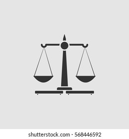 Justice Scales icon flat. Black pictogram on grey background. Vector illustration symbol