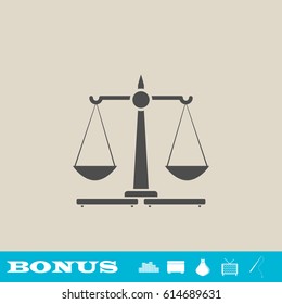 Justice Scales icon flat. Grey pictogram on light background. Vector illustration symbol and bonus button real estate, ottoman, vase, tv, fishing rod
