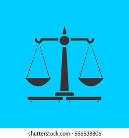 Justice Scales icon flat. Simple vector black pictogram on blue background