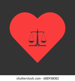 Justice Scales icon flat. Simple pictogram on heart background. Vector illustration symbol
