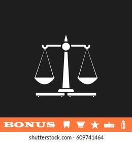 Justice Scales icon flat. White pictogram on black background. Vector illustration symbol and bonus button tooth, vase, star, mirror, bottle
