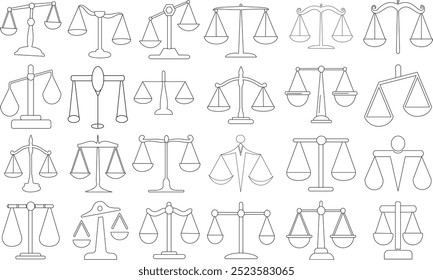 Justice Scales Icon Set für Logo und T-Shirt. Bearbeitbarer Kunststrich mit dünner Linie.