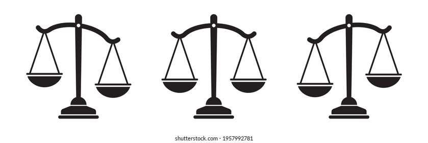 Justice scales icons set. Law scale icon collection. Balance concept. Libra silhouette. Weight in modern flat style on white background. 