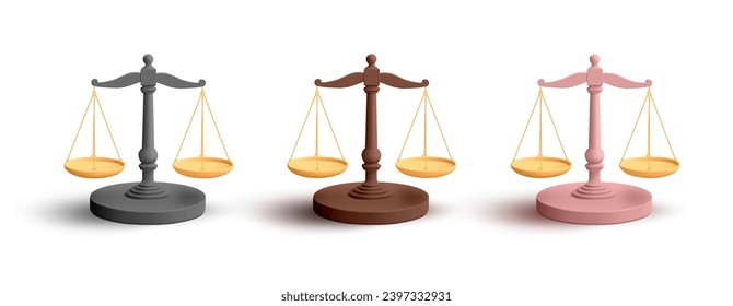 Justice scales law equality render illustration 3d set, balance measure symbol isolated icon realistic icon design 3d vector illustration