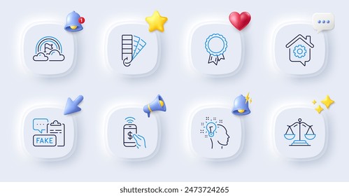 Justice scales, Lgbt and Work home line icons. Buttons with 3d bell, chat speech, cursor. Pack of Fake document, Phone payment, Success icon. Palette, Idea pictogram. For web app, printing. Vector