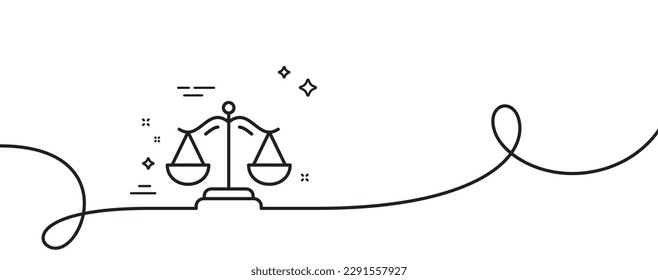 Justice scales line icon. Continuous one line with curl. Judgement scale sign. Legal law symbol. Justice scales single outline ribbon. Loop curve pattern. Vector