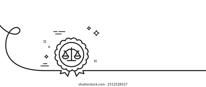 Justice scales line icon. Continuous one line with curl. Judgement award sign. Legal law symbol. Justice scales single outline ribbon. Loop curve pattern. Vector