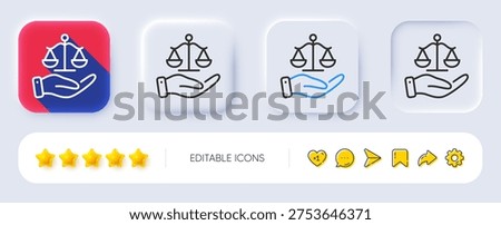 Justice scales line icon. Neumorphic, Flat shadow, 3d buttons. Judgement scale sign. Legal law symbol. Line justice scales icon. Social media icons. Vector