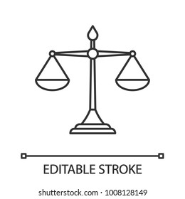 Justice Scales Linear Icon. Thin Line Illustration. Equality. Judgement. Contour Symbol. Vector Isolated Outline Drawing. Editable Stroke