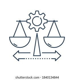 Justice scales. Justice machine.  Trial process. Vector linear icon isolated on white background.