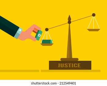 Justice scales with Money. Corruption Concept. flat design. vector illustration