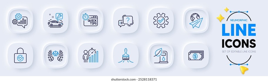 Escalas de justicia, signo de interrogación e iconos de línea de plano de papel para App de Web. Paquete de consejos rápidos, pincel, iconos de pictogramas bancarios. Servicio, servicio de coche, signos de estadísticas de negocio. Gasolinera. Vector