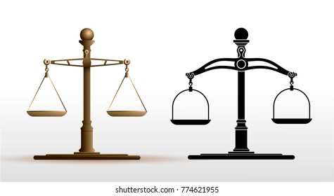 Justice scales set of icon. Libra in flat black and brown design. Law balance symbol. Vector illustration. Isolated on white background